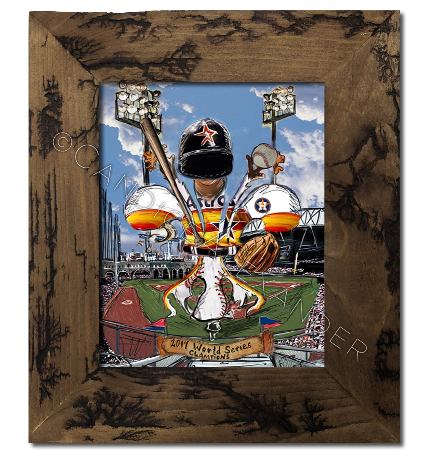 Astros Art designed by Candice Alexander, Fleur De Lis Artist, Framed in an electrocuted frame