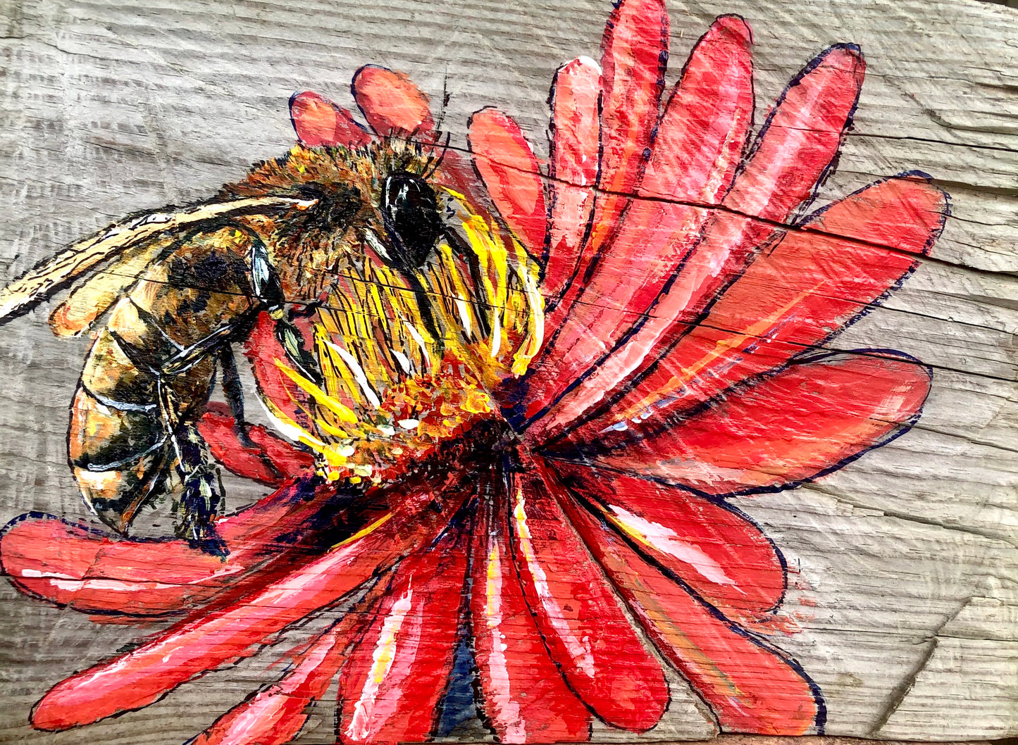 Honey bee painting on flower on wood by Candice Alexander Fleur de Lis and Louisiana artist 