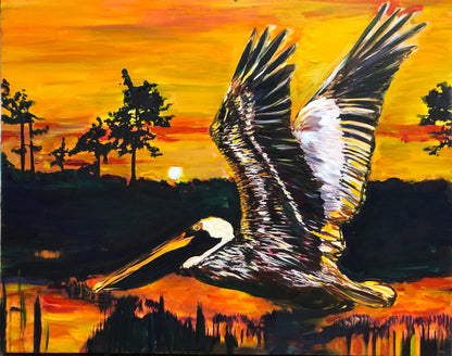 Pelican art Louisiana on bayou by Candice Alexander fleur de lis artist 