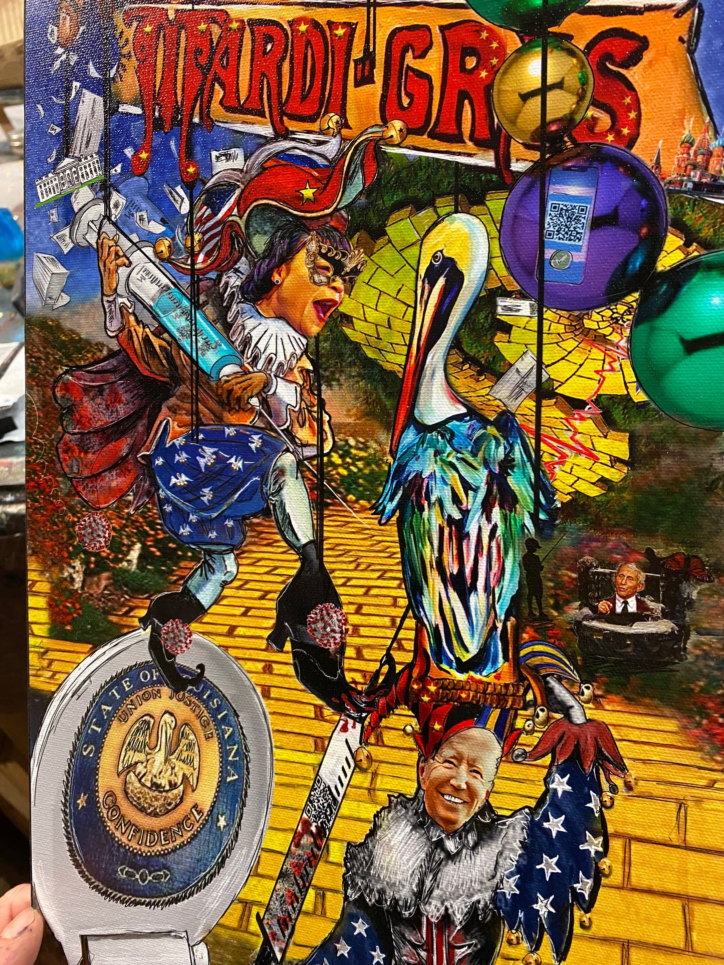 Mardi Gras, 2022, Candice Alexander, Art Studio, Alexander Art, Lake Charles, Louisiana, South, New Orleans, NOLA, Politics, Biden, Cantrell, Mayor, President, Mask Mandate, Covid, Vaccine mandate, Yellow Brick Road, Cyclone, Dorothy, Vaccine Card, Wizard of Oz, Pandemic, No place like home, $hit $how, Laissez Le Bon Temps Rouler, Puppet Strings, Rabbit Hole, Poster, Rosie The Riveter, We Can't Do It, World War II, History, United States, World Wide