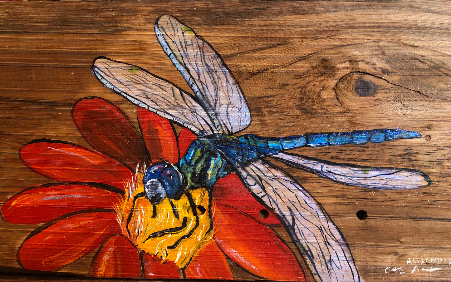 meaningful dragonfly and flower art painting on wood by candice alexander Louisiana fleur de lis artist 