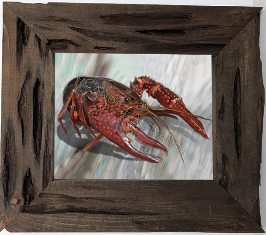 Candice Alexander, Fleur de lis artist, new crawfish design in Louisiana Cypress Frame