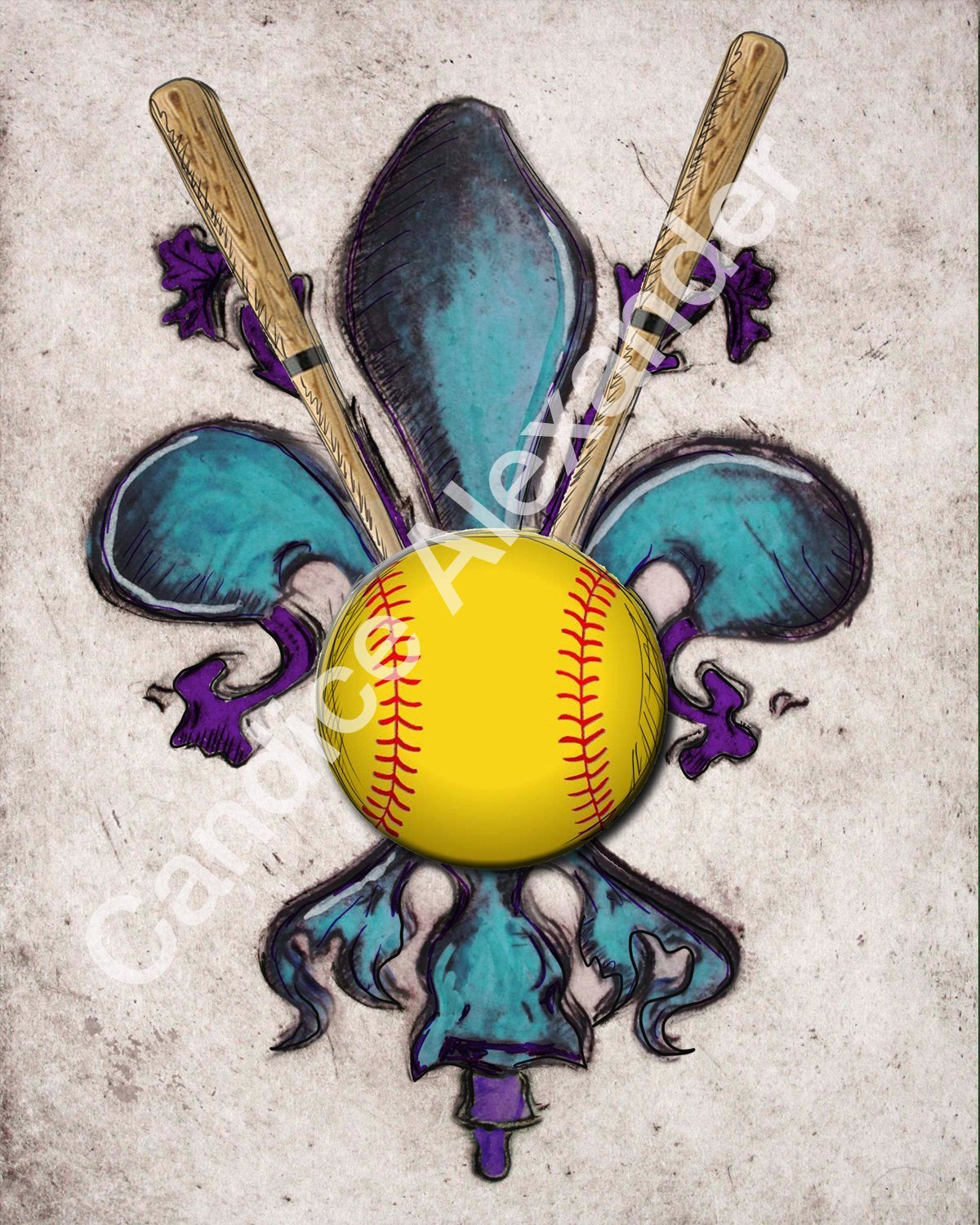 Softball Fleur De Lis design Fleur De Lis art by Candice Alexander, Louisiana Artist by Candice Alexander Fleur De Lis Artist