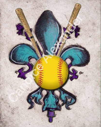 Softball Fleur De Lis design Fleur De Lis art by Candice Alexander, Louisiana Artist by Candice Alexander Fleur De Lis Artist